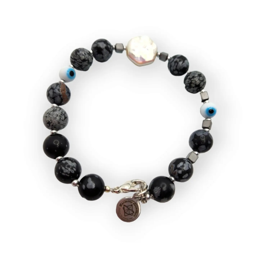 Snowflake Obsidian, Baroque Pearl, Evil Eye clasp bracelet